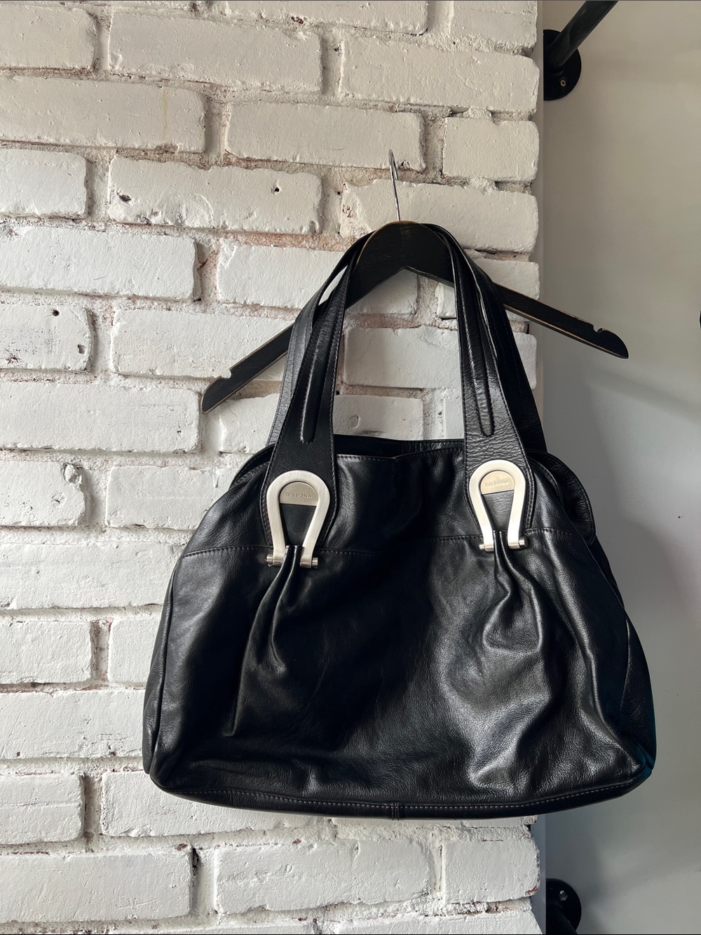 Black Leather Tote Bag with Silver Accents DISSONA SOFT LEATHER